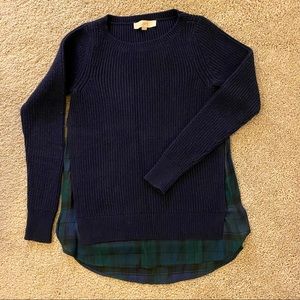 Ann Taylor Loft Crew Neck Sweater, Navy Blue with Plaid Under Detail, Size XS